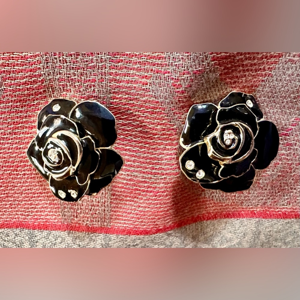 Black enamel, gold tone & rhinestone earrings with unique backings vintage 80’s